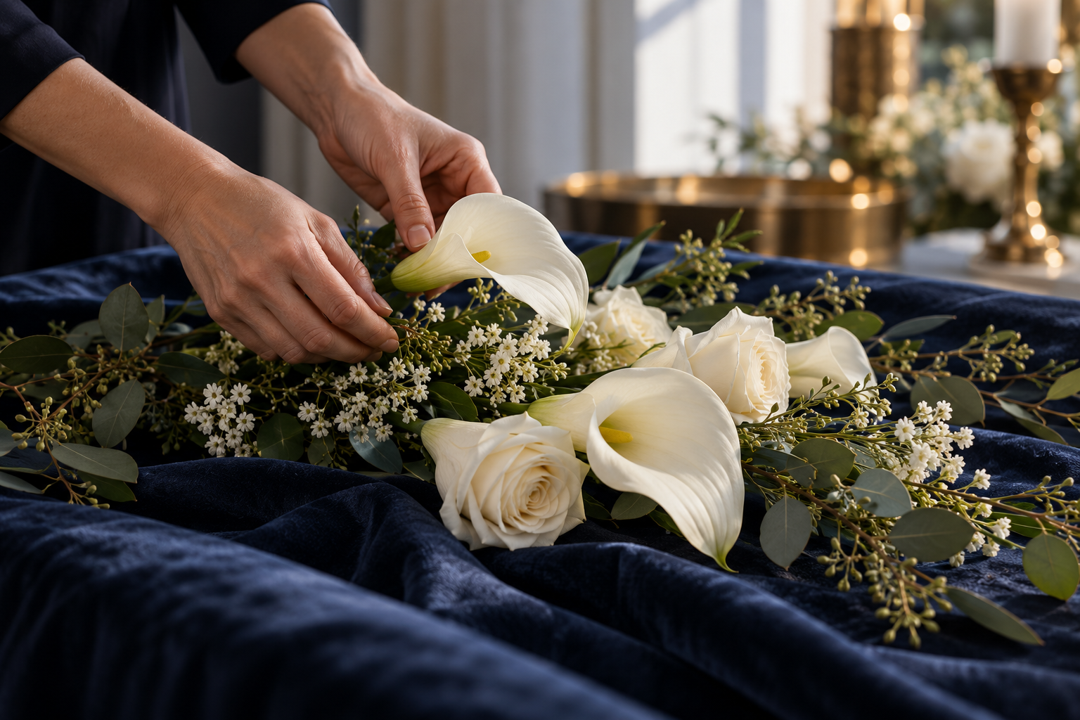 Handen die met zorg witte bloemen schikken op donkerblauwe stof